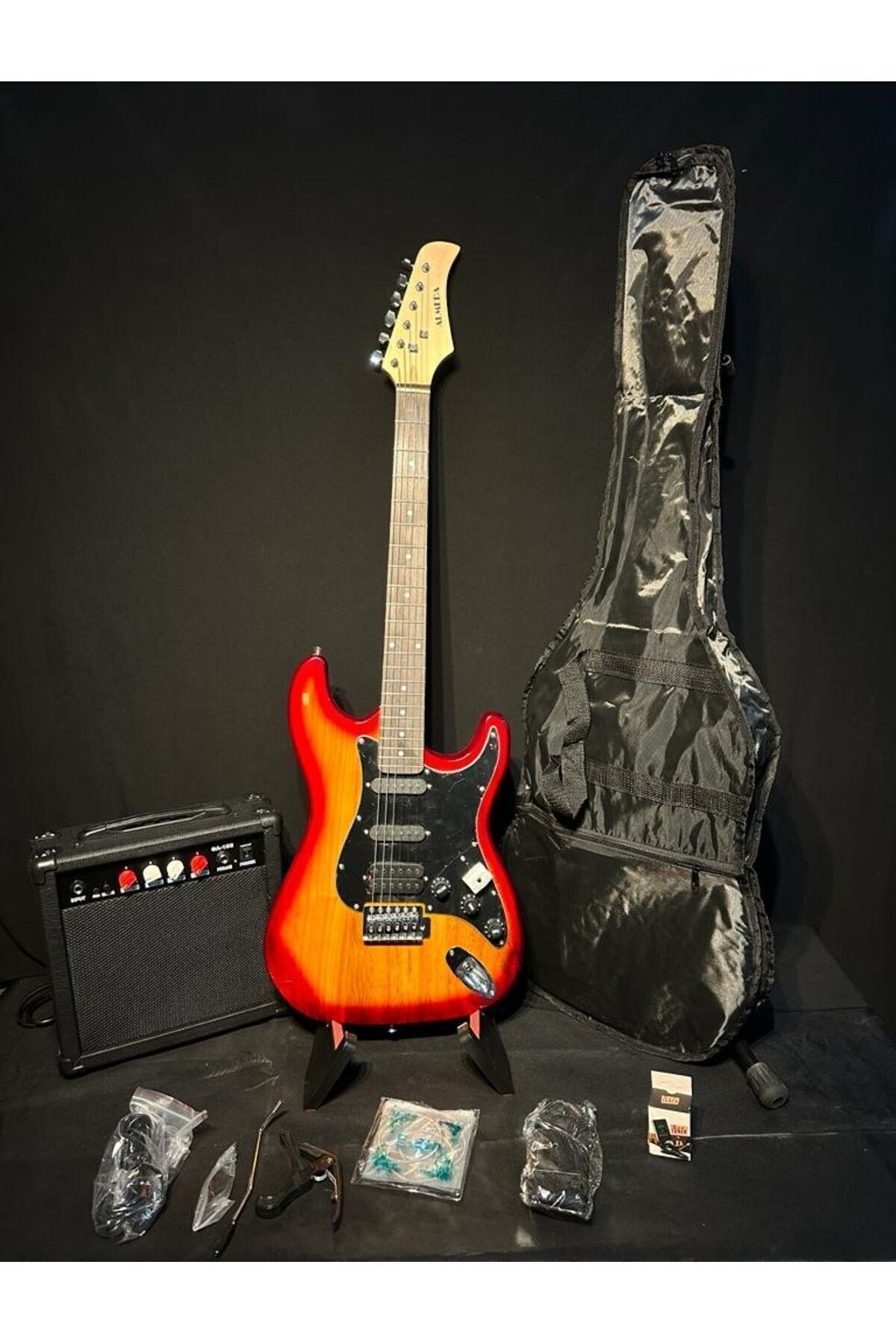 Elektro Gitar set Orange (Gitar-Amfi-Stand-Kablo-Askı-Kapo-Akort Cihazı-Yedek Tel)