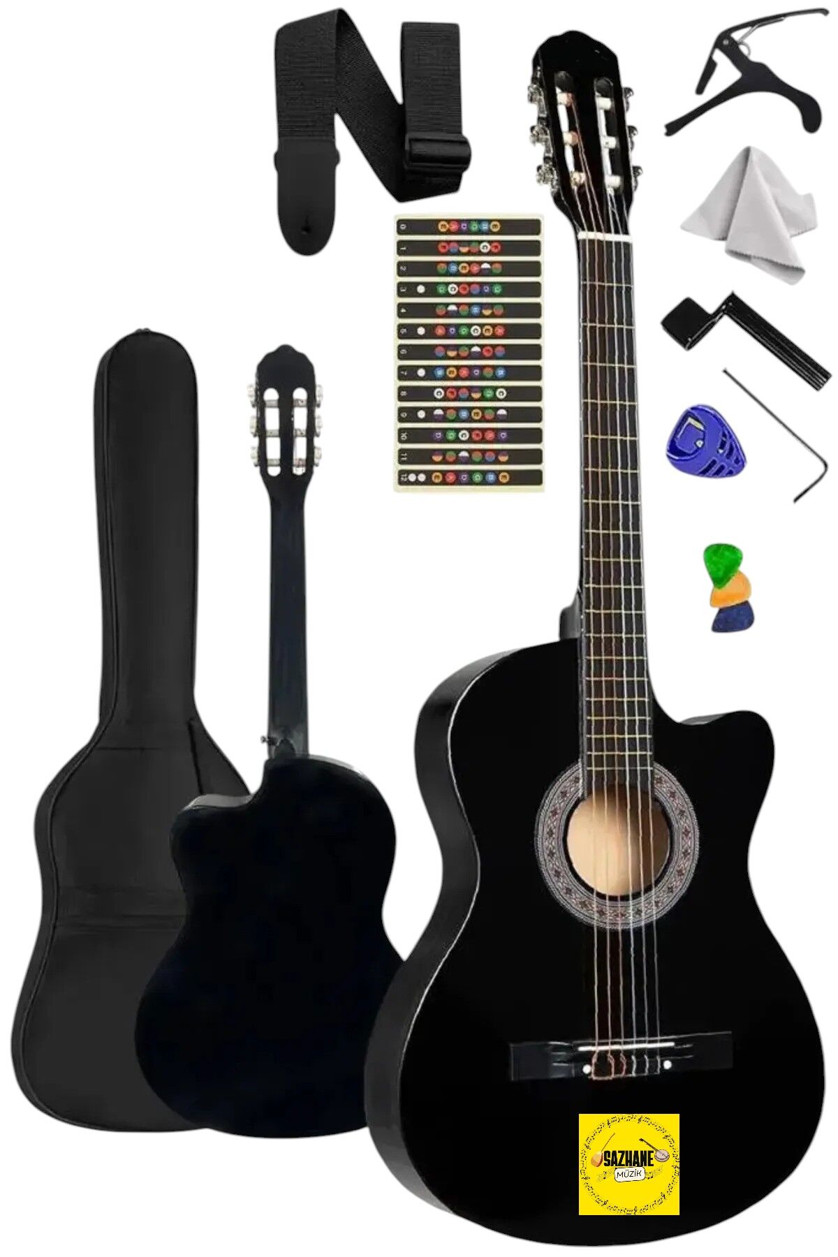 4/4 Kesik Kasa Sap Ayarlı Siyah Klasik Gitar Seti Full Set