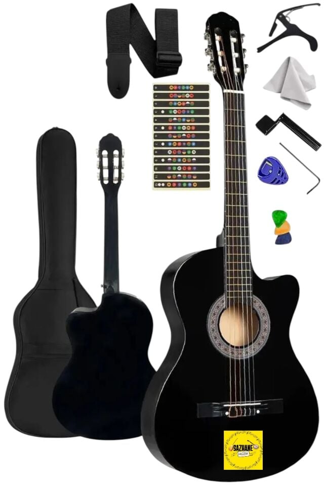 4/4 Kesik Kasa Sap Ayarlı Siyah Klasik Gitar Seti Full Set