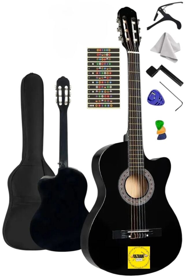 4/4 Kesik Kasa Sap Ayarlı Siyah Klasik Gitar Seti Full Set