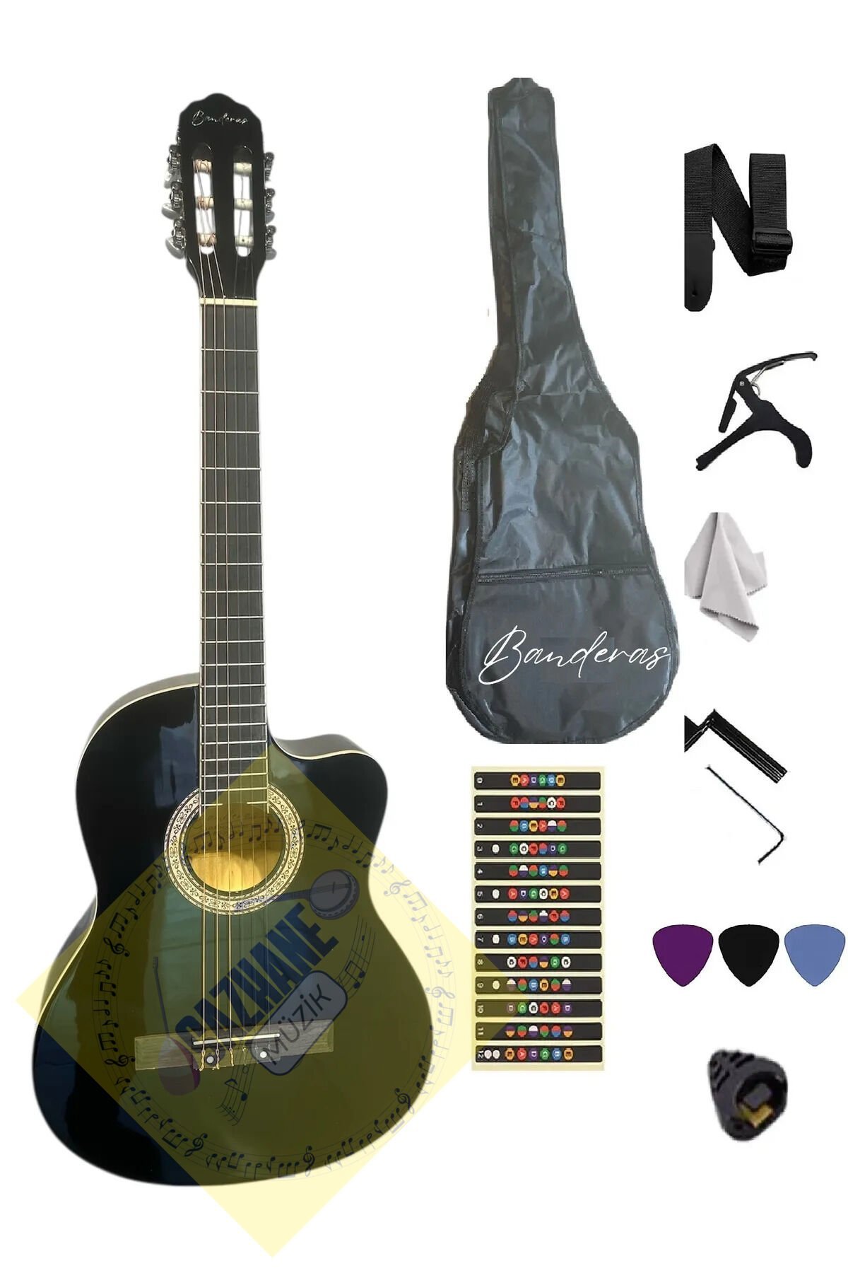 Sap Ayarlı Orta Kalite 4/4 Klasik Gitar Seti Kesik Kasa