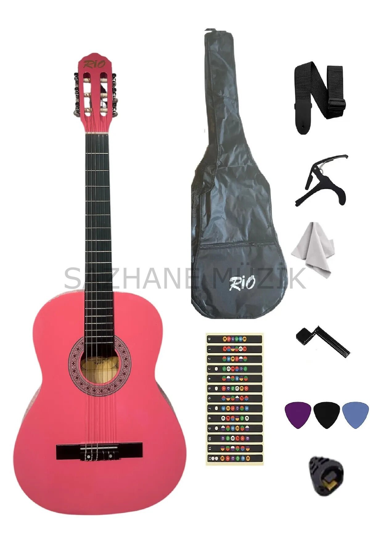 3/4 Pembe Klasik Gitar Seti 7-12 Yaş (kılıf-pena-askı-kapo-nota sticker)