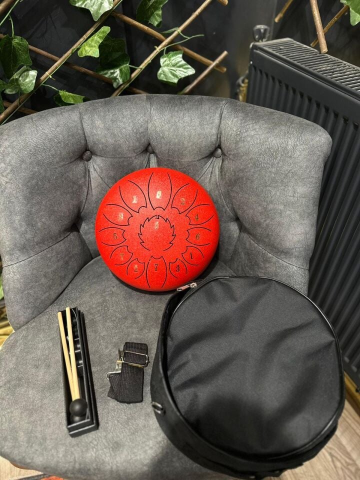 Steel Tongue Drum Kırmızı Renk 10 Inç 13 Notalı Çantalı Ful Set Handpan