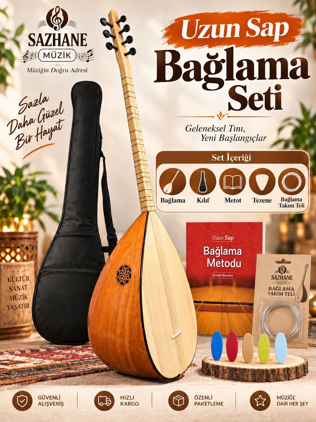 Uzun Sap Başlangıç Düzeyi Bağlama Seti (Kılıf-Tel-Tezene-Metot)