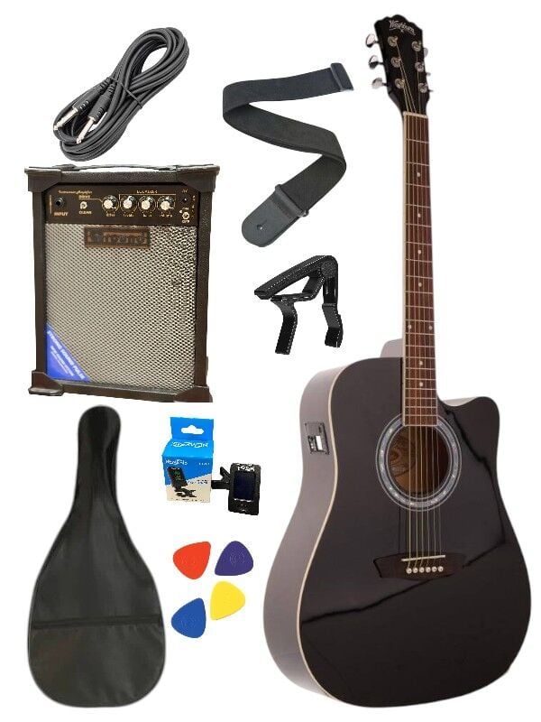 Elektro Akustik Gitar Full Set Washburn-Gitar-Kılıf-Amfi-Kablo-Pena-Kapo-Tuner