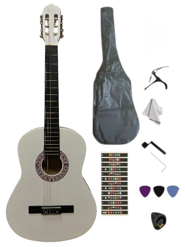 4/4 Sap Ayarlı Beyaz Klasik Gitar Seti (KILIF-PENA-KAPO-NOTA STİCKER...)
