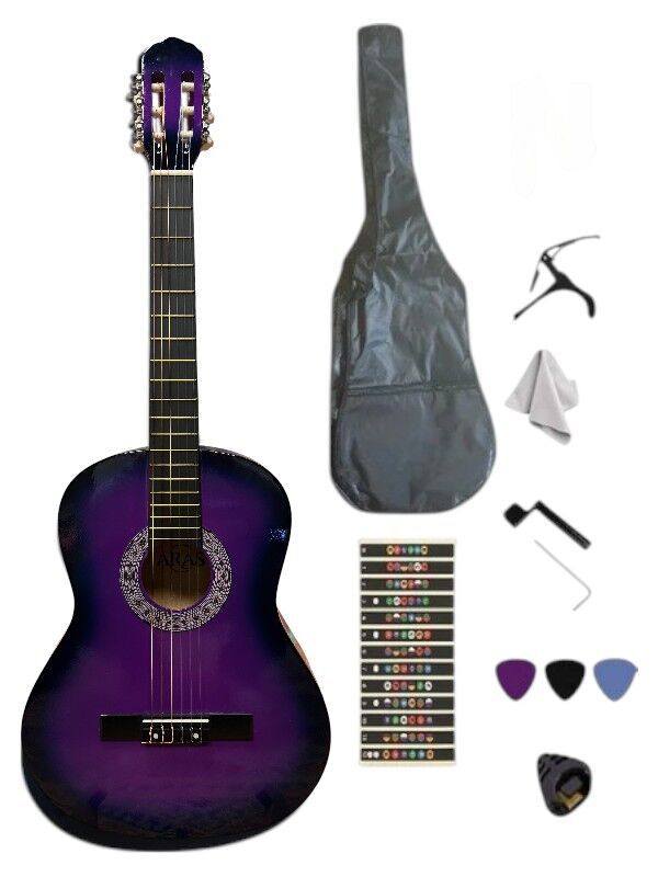 4/4 Sap Ayarlı Mor Klasik Gitar Seti (KILIF-PENA-KAPO-NOTA STİCKER...)