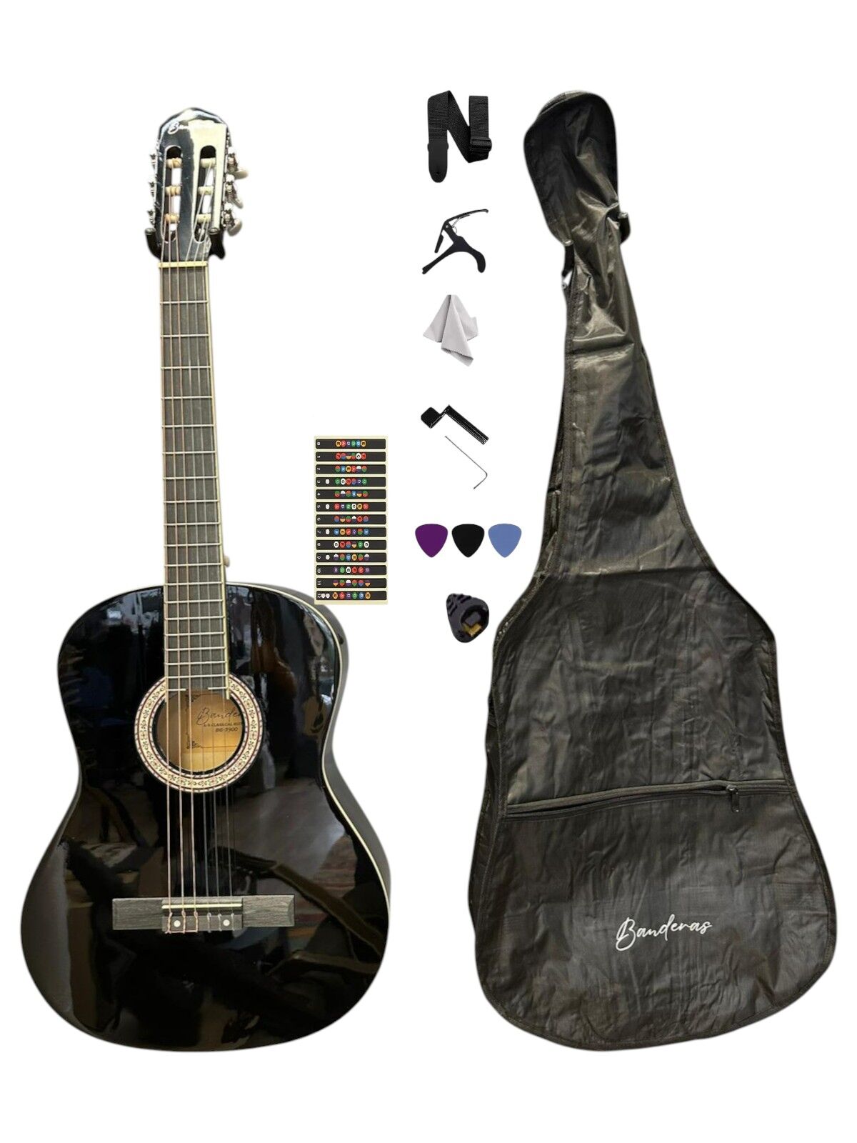 Orta Kalite 4/4  Klasik Gitar Seti Bndrs (Kılıf-Pena-Kapo-Askı-Nota Sticker-Pena Şarjör-Burgu Çevirgeç)