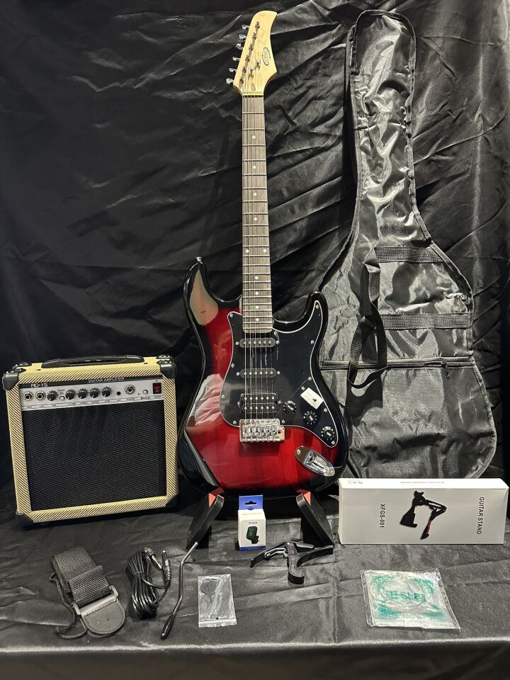 Kırmızı Elektro Gitar Full Set – 15W Bluetooth Amfi