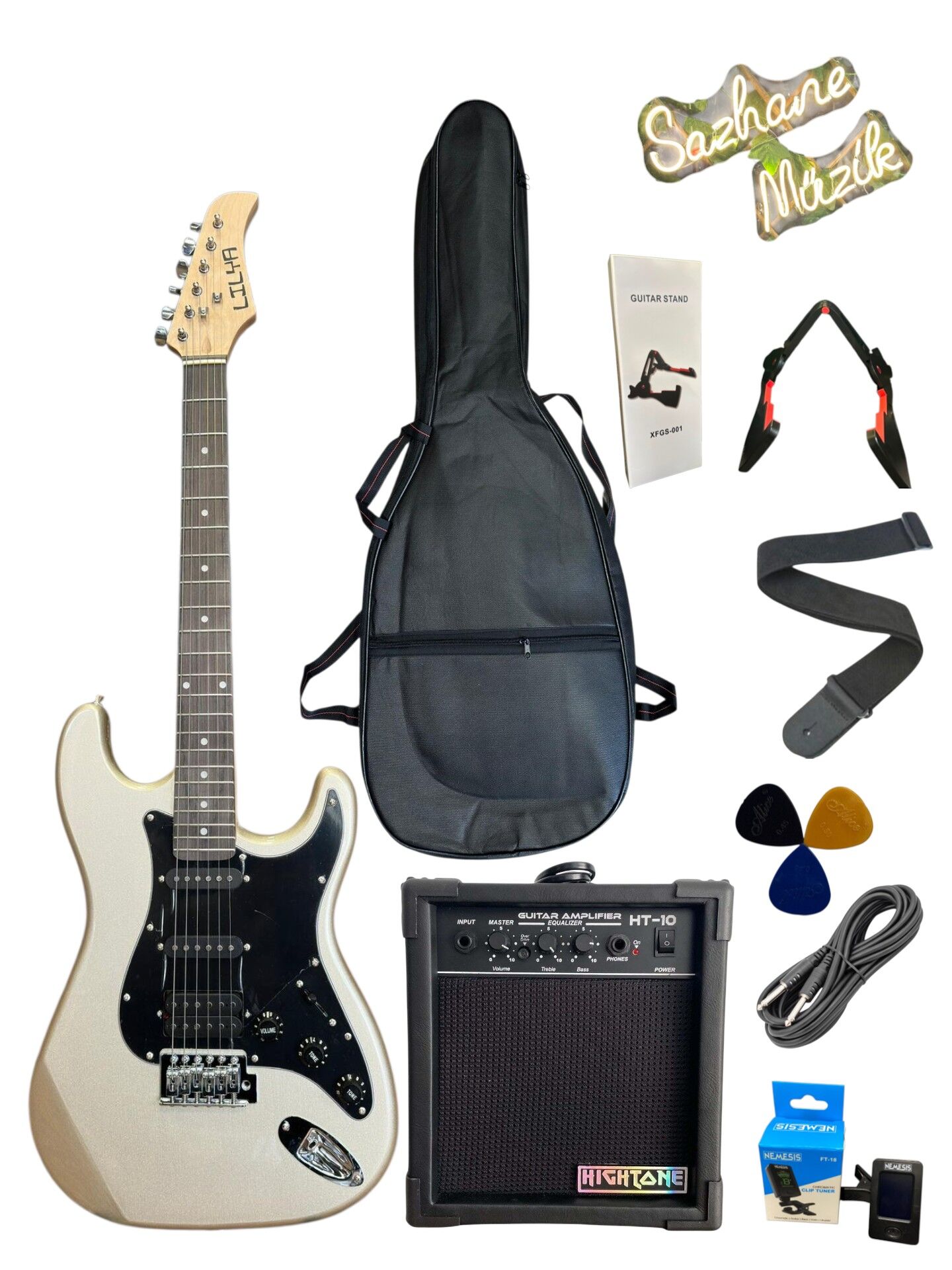 Gri Elektro Gitar Full Set-E.Gitar-Stand-Amfi-Kablo-Kılıf-Tuner-Askı-Pena