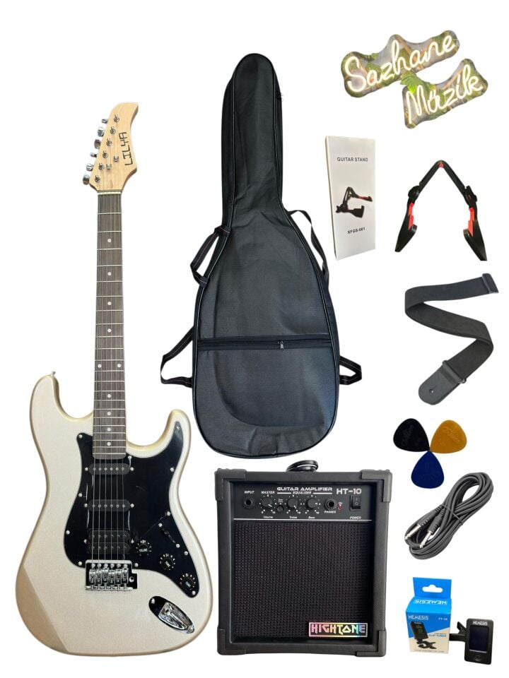 Gri Elektro Gitar Full Set-E.Gitar-Stand-Amfi-Kablo-Kılıf-Tuner-Askı-Pena