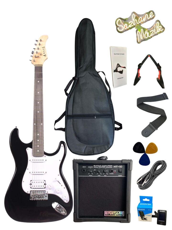 Siyah HSS Elektro Gitar Full Set-E.Gitar-Stand-Amfi-Kablo-Kılıf-Tuner-Askı-Pena