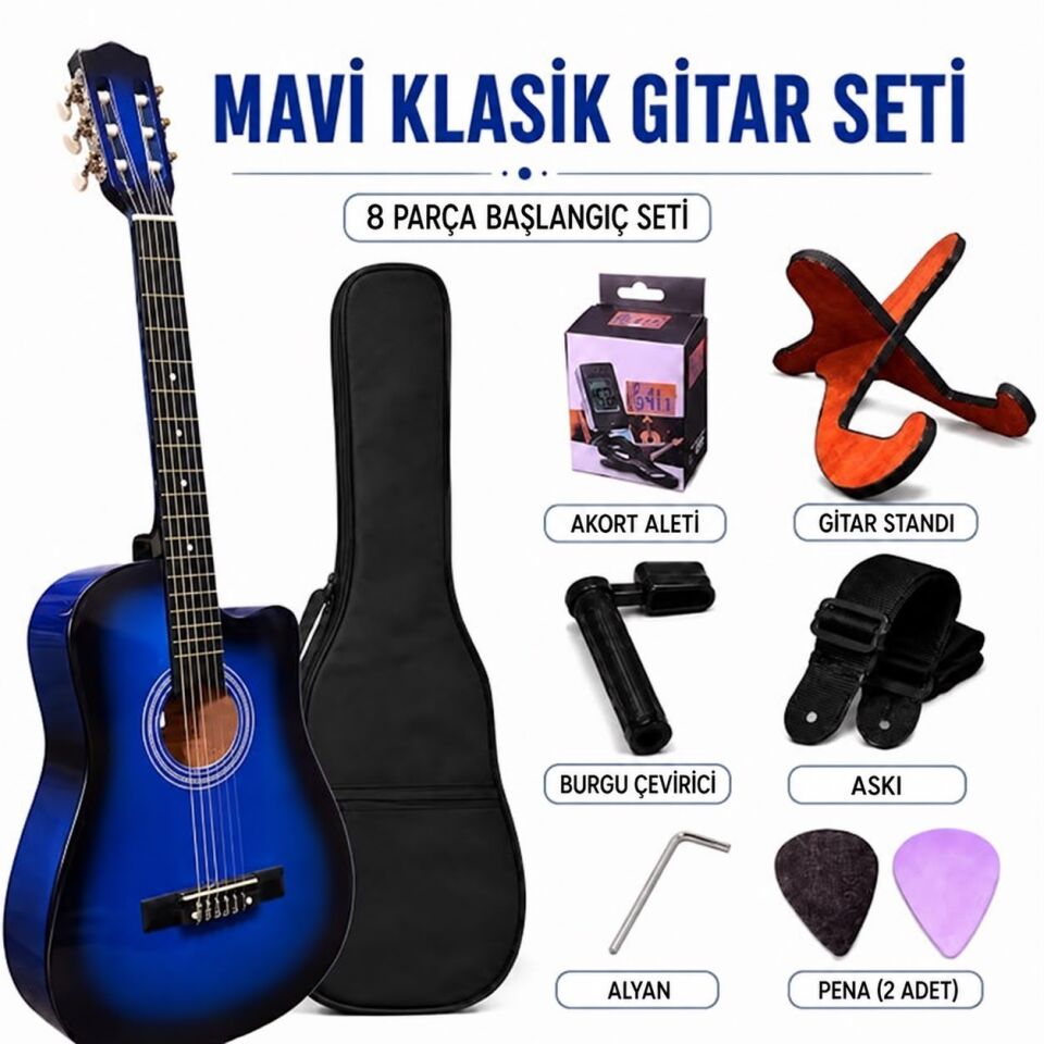 Kesik Kasa Mavi Klasik Gitar Seti 8 Parça Full Set