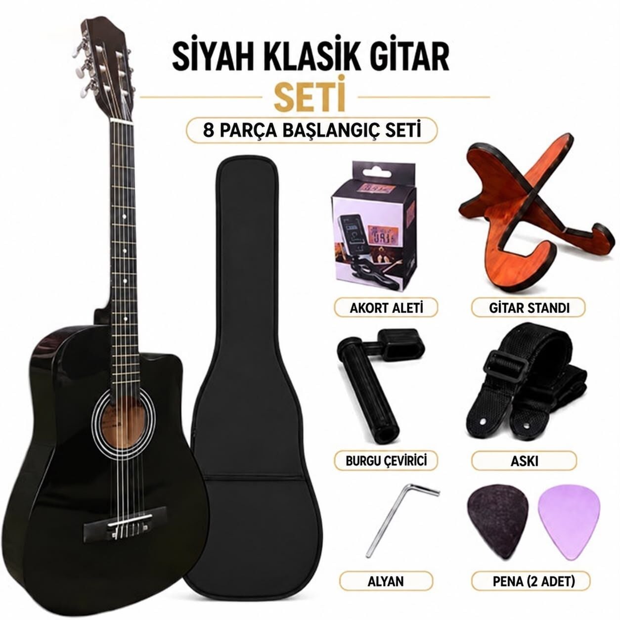 Siyah Klasik Gitar Seti – 8 Parça Başlangıç Seti | Full Paket