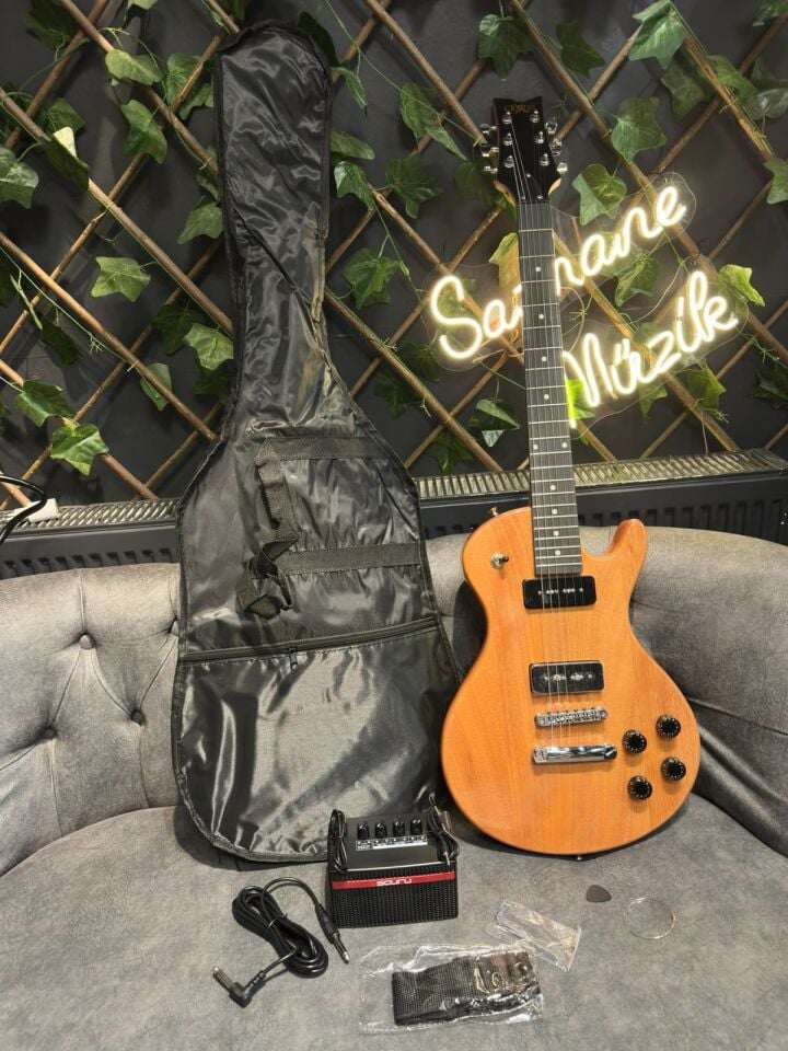 Lespaul Elektro Gitar Seti Mini Amfili Kılıflı Askılı Kablolu Pena ve Aksesuarlı Natural