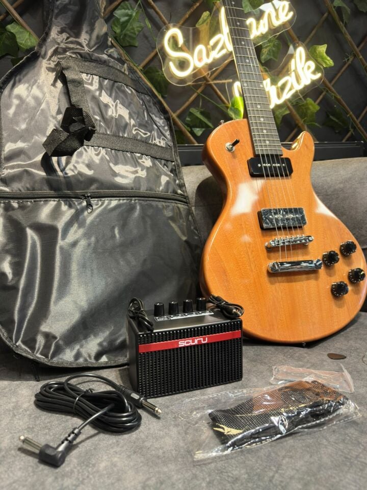 Lespaul Elektro Gitar Seti Mini Amfili Kılıflı Askılı Kablolu Pena ve Aksesuarlı Natural